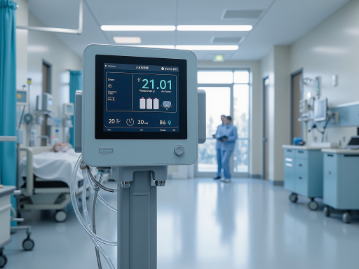 Healthcare dashboard showing patient monitoring and medical data visualization, clean white background with green accent elements
