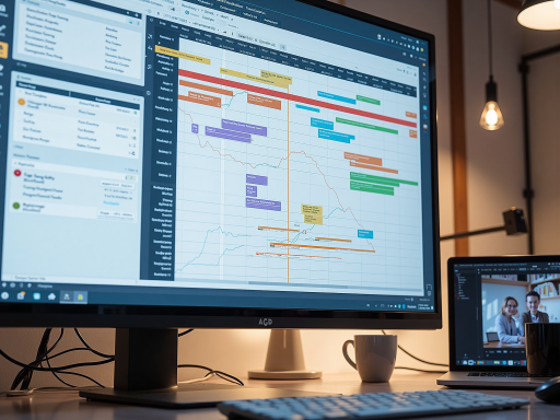 Modern workplace collaboration tools showing team communication and project management features, professional office environment