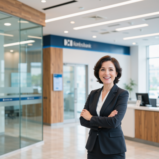 Middle-aged female technical leader headshot wearing casual business attire, standing in tech lab environment