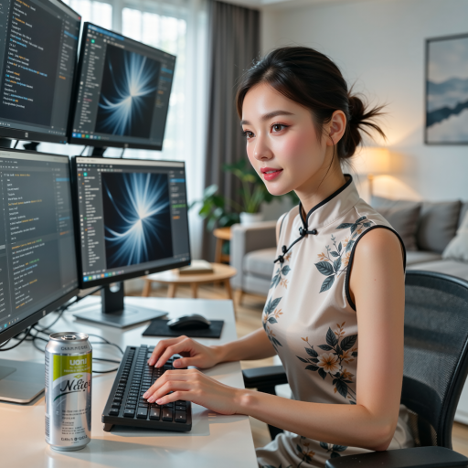 Young female designer headshot wearing creative outfit, sitting at design workstation with multiple screens