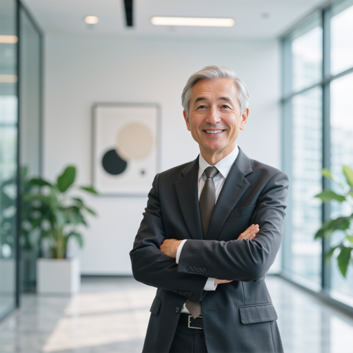 Senior male executive headshot wearing business attire, standing against modern office background with glass walls